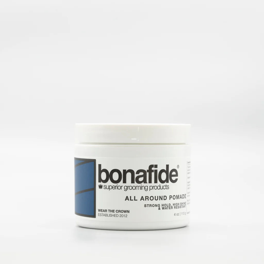 Bona Fide All Around Pomade, strong hold, high shine, and water resistant pomade