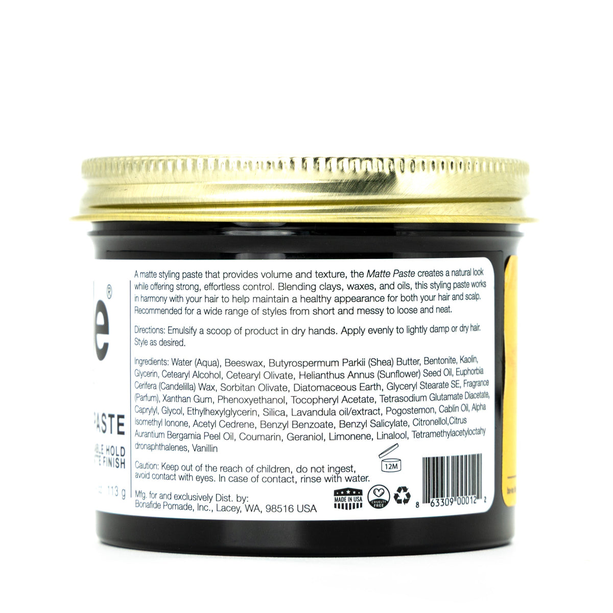 Bonafide Matte Paste 4 oz jar, back label with ingredients, directions and UPC