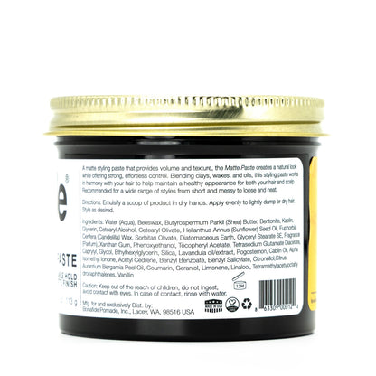 Bonafide Matte Paste 4 oz jar, back label with ingredients, directions and UPC