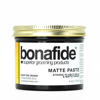 Bonafide Matte Paste 4 oz jar, front label showing strong pliable hold and matte finish