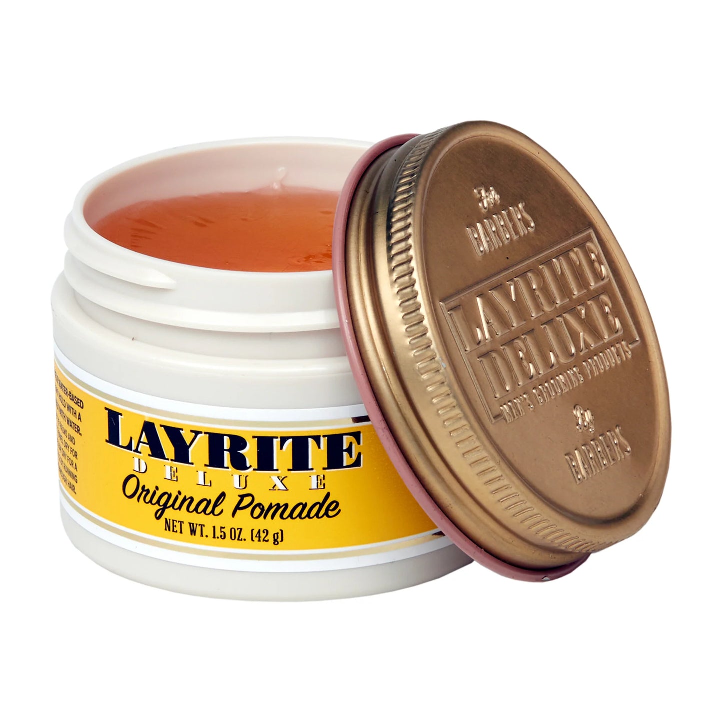 Layrite Deluxe Original Pomade 1.5 oz open jar showing water-soluble pomade texture