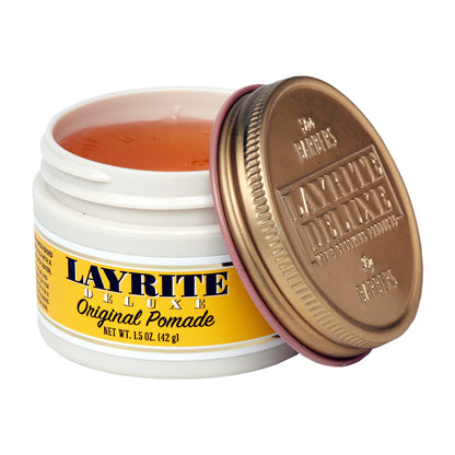 Layrite Deluxe Original Pomade 1.5 oz open jar showing water-soluble pomade texture