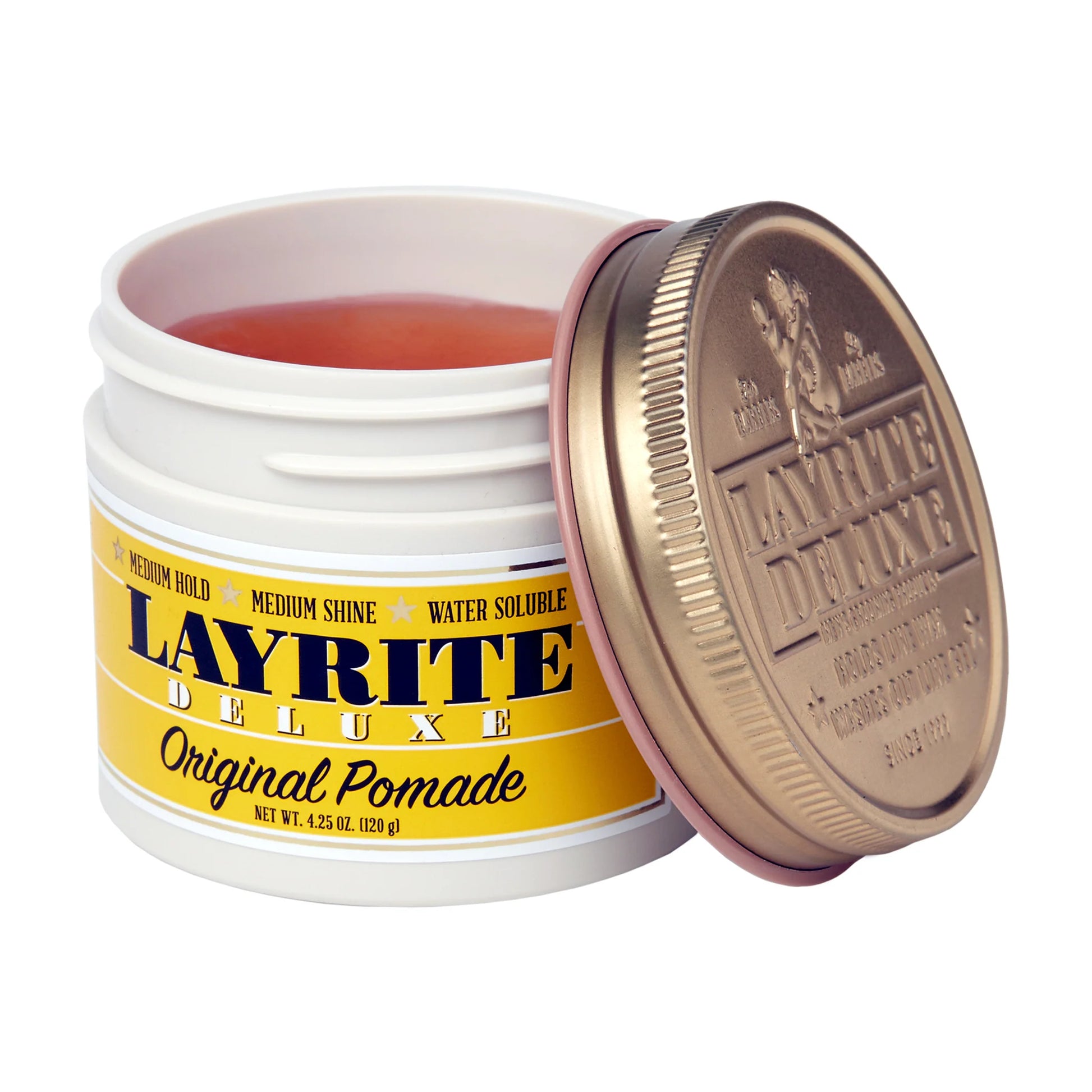 Layrite Deluxe Original Pomade 4.25 oz open jar showing water-soluble pomade texture
