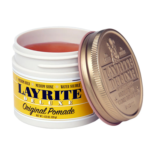 Layrite Deluxe Original Pomade 4.25 oz open jar showing water-soluble pomade texture